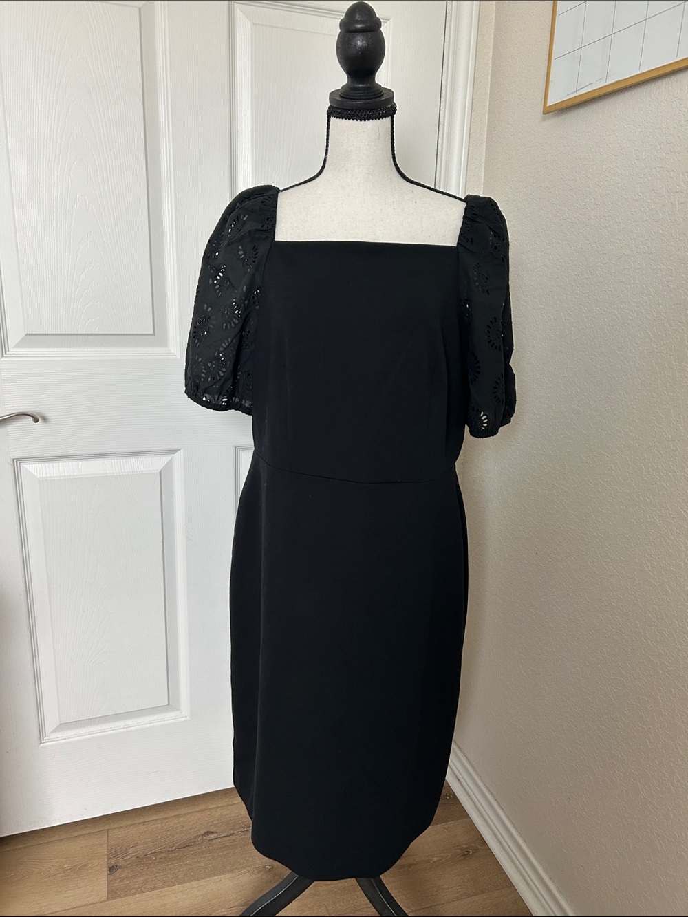 Ann Taylor Stress Black Square Neck Dress with Eyelet Puff Sleeves, Sz. 12, New.